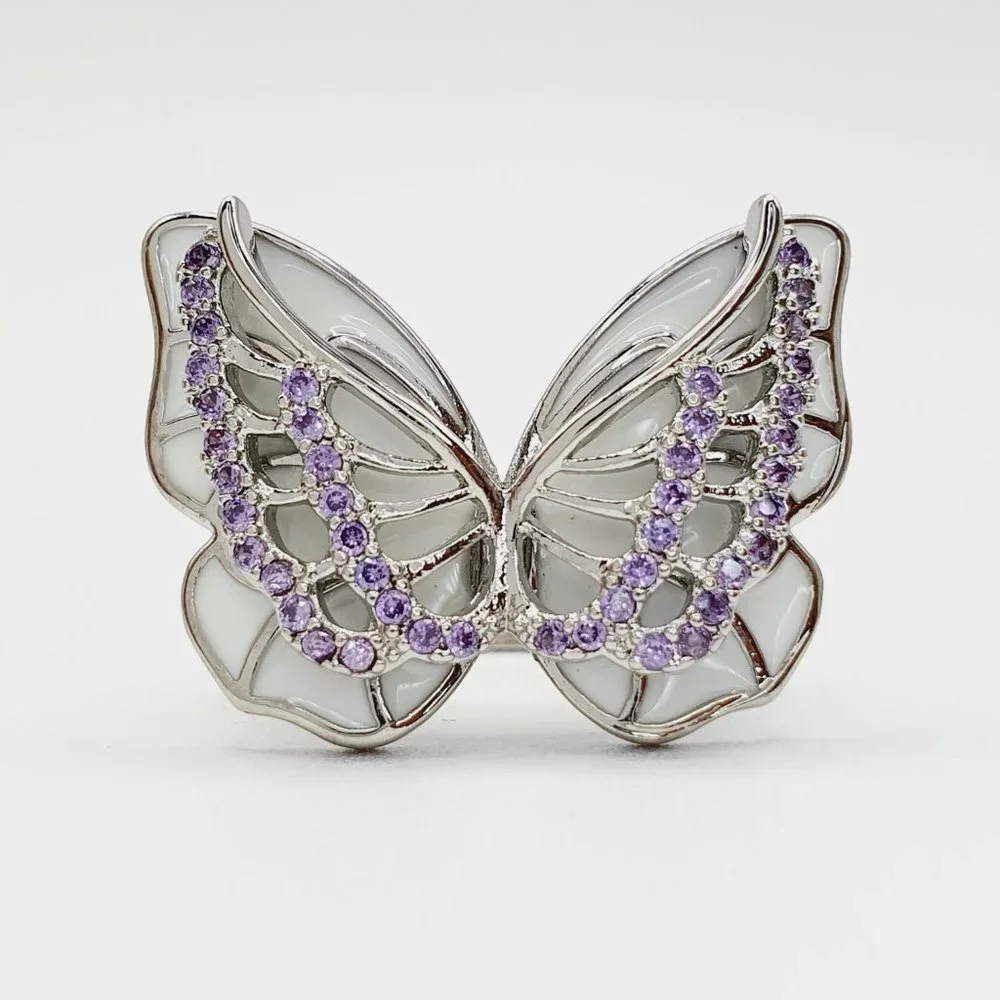 Sweet White Butterfly Anillos Silver Plated Ring for Women/Girl, UNVN12339